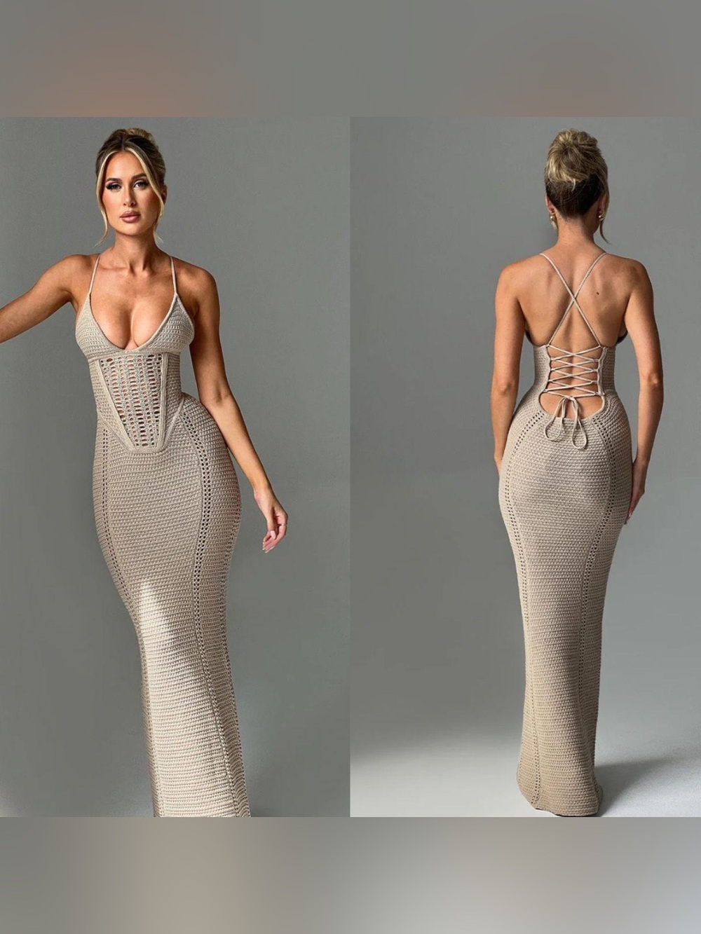 BabyBoo Beige Crochet Lace-Up Back Maxi Dress